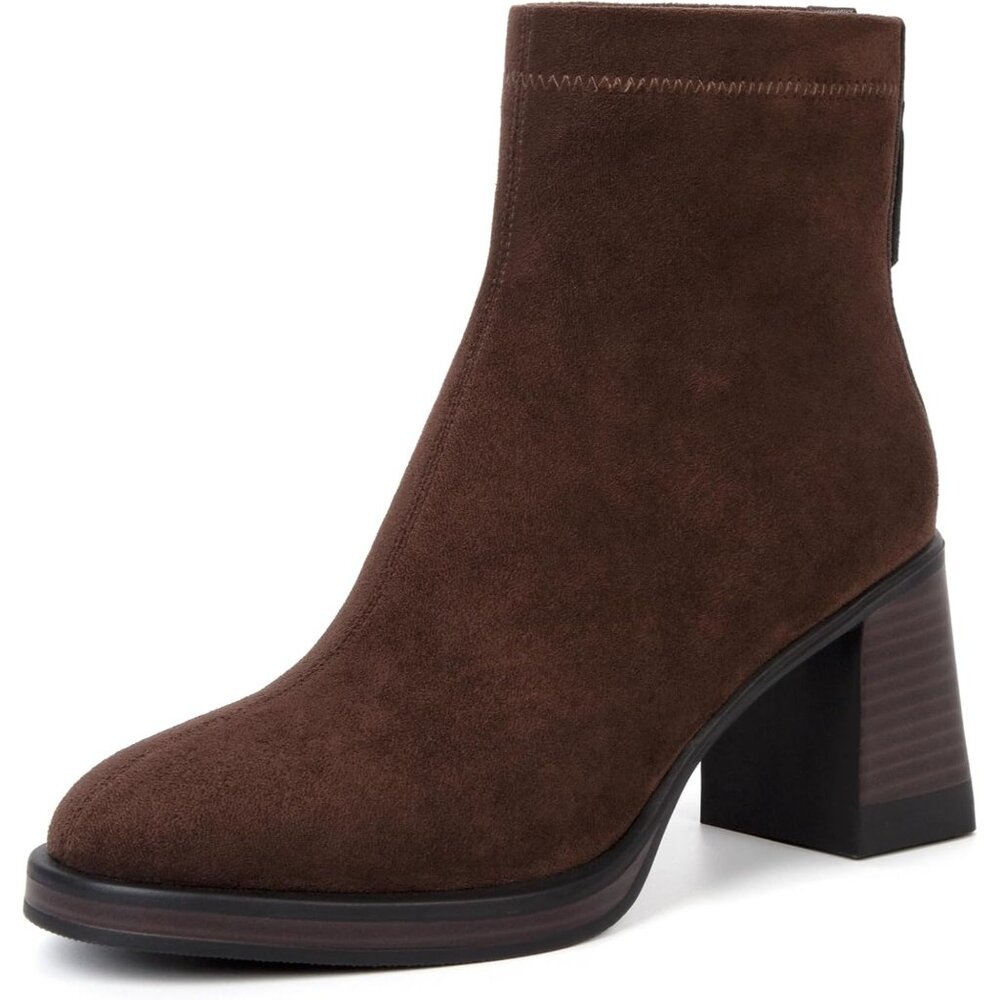 Women's Brown Suede Round Toe Elastic Fall Booties Block Slip-on Short Boots